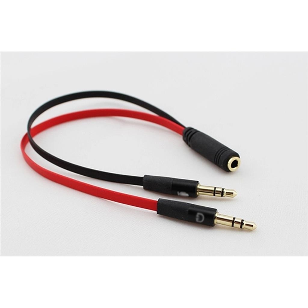 Audio Jack 3.5mm Y-Splitter M/F, Stereo+Microfoon, platte kabel, zwart, oa  iPhone/Samsung headset