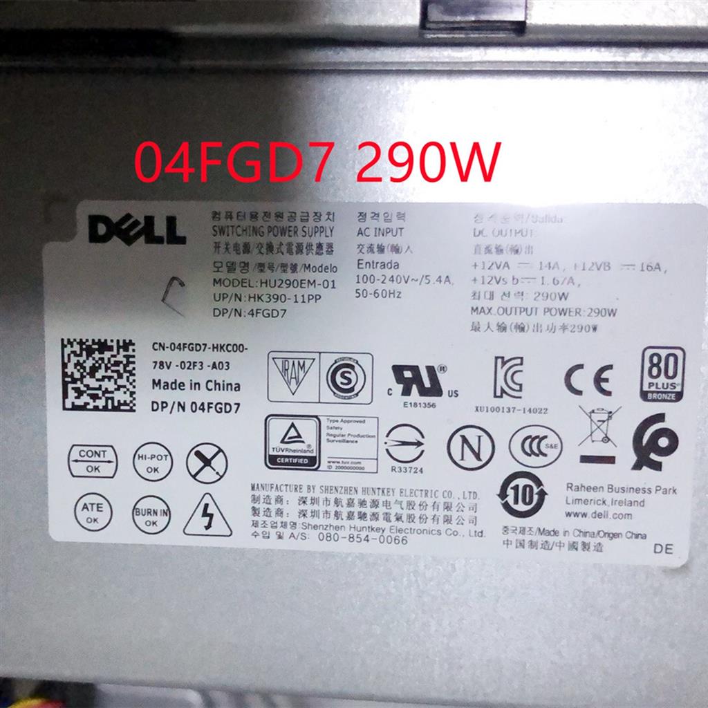 Power Supply for Dell OptiPlex 3020 7020 9020 MT Series, H290EM-00 8+4Pin 290W refurbished