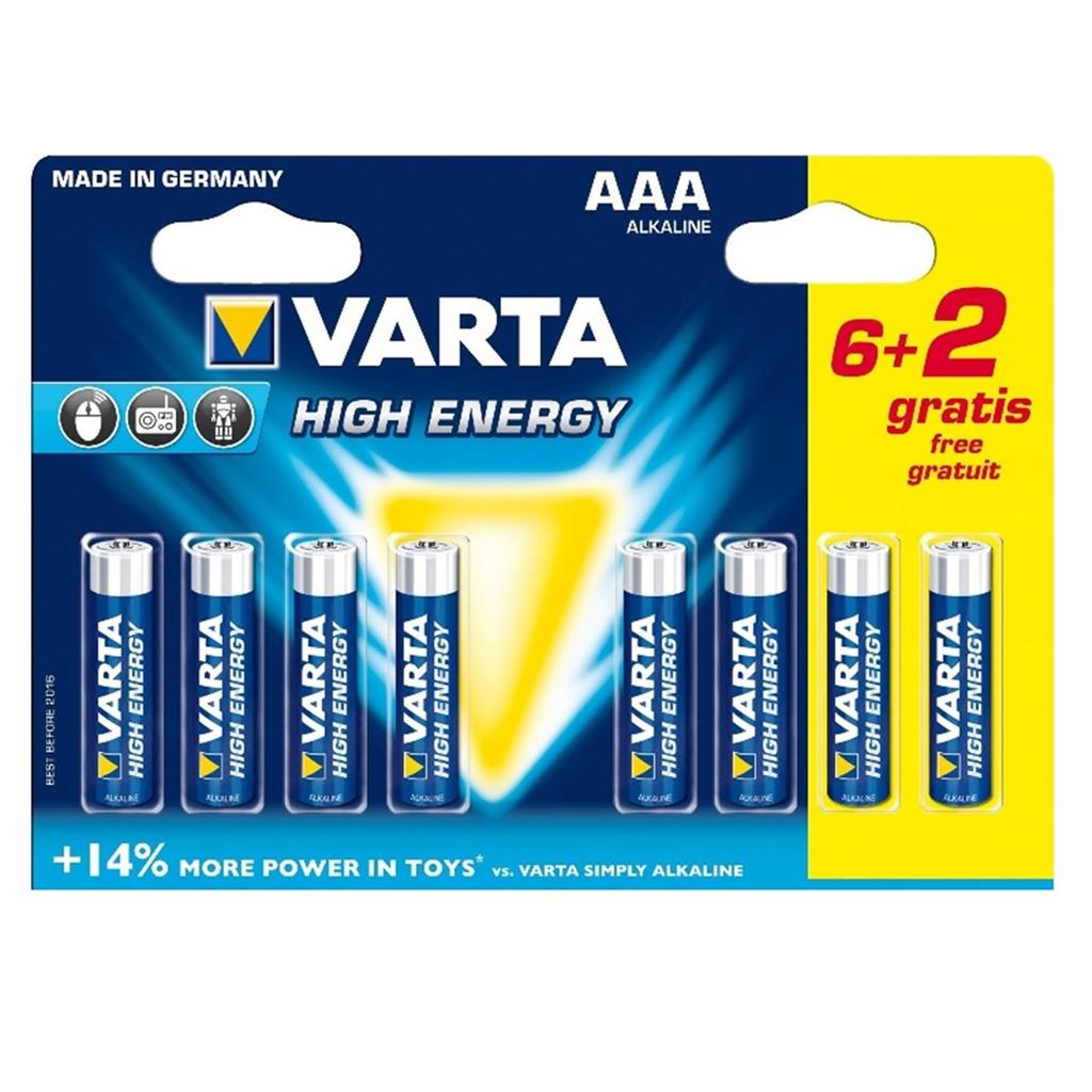 VARTA High Energy Alkaline batterij, AAA/LR03, 1,5V, Blister 6+2 Gratis!